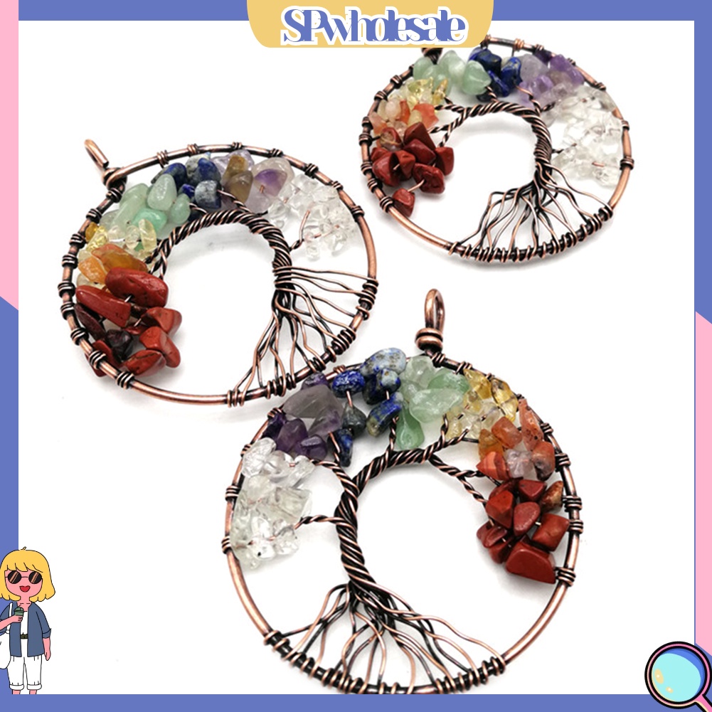 &lt;SPwholesale&gt; Vòng cổ Mặt Đá Tròn Khắc Hình Cây Sự Sống Đầy Màu Sắc Vintage Cho Nữ