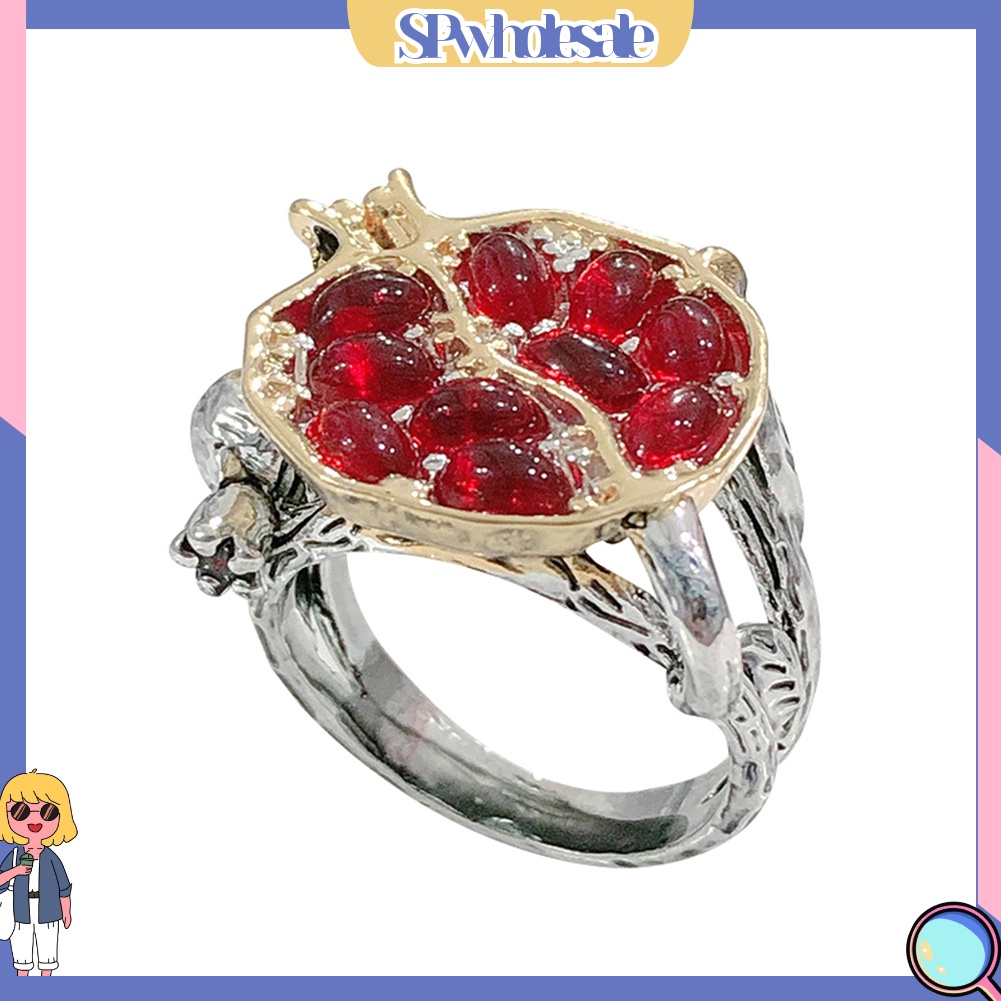 &lt;SPwholesale&gt; Nhẫn Hợp Kim Đính Đá Nhân Tạo Hình Quả Lựu Phong Cách Vintage
