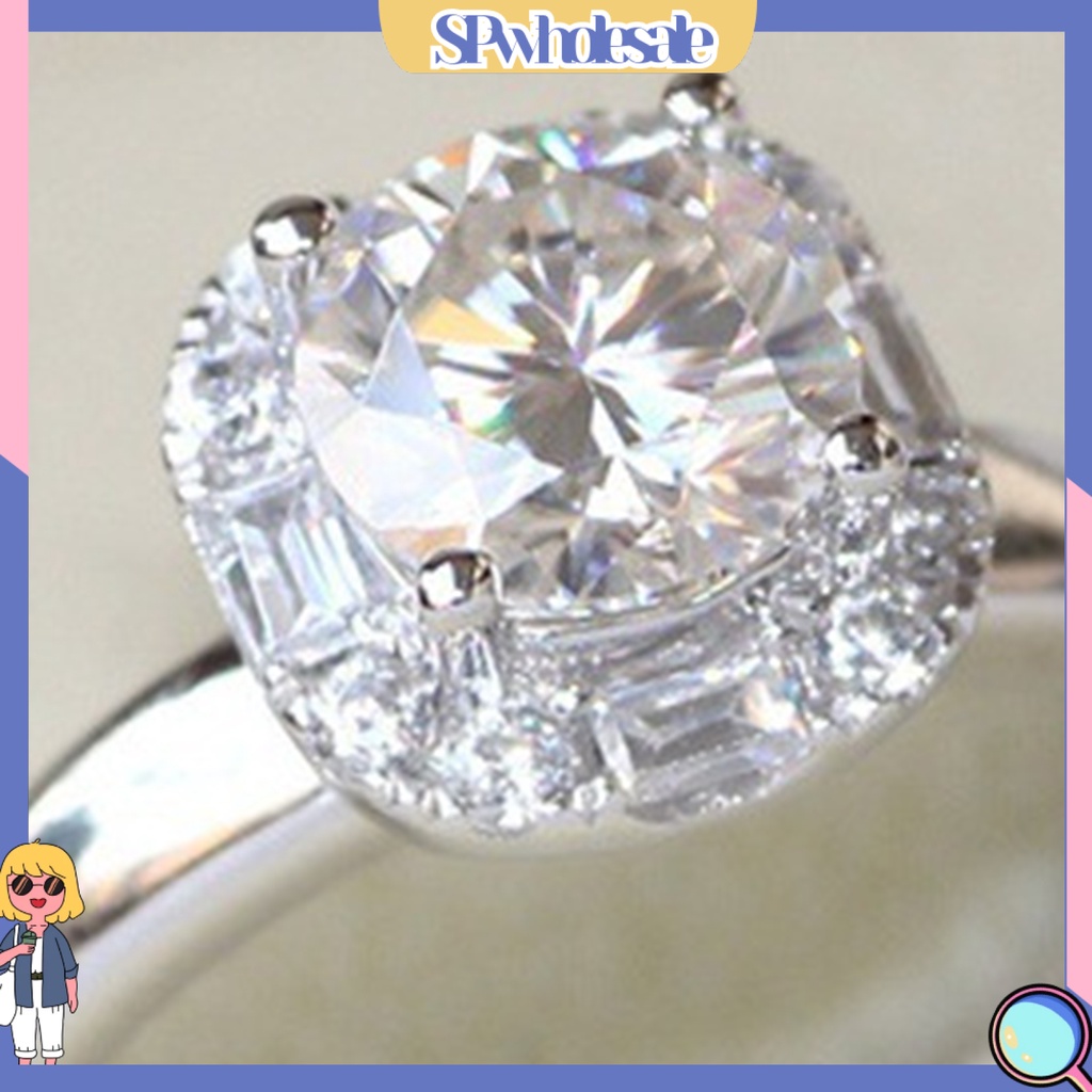 <SPwholesale> Nhẫn Đính Hôn Đính Đá Tròn Mạ Điện Sáng Bóng Trang Trí Đám Cưới Dành Cho Nữ