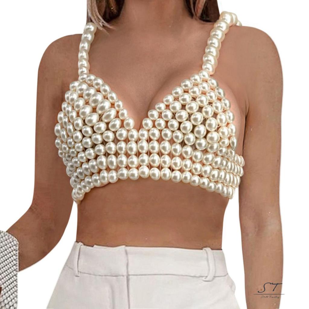 Áo Hai Dây Cổ Chữ V Sâu Hở Lưng Màu Trơn Đính Ngọc Trai Thời Trang Mùa Hè CY03 Cho Bạn Gái