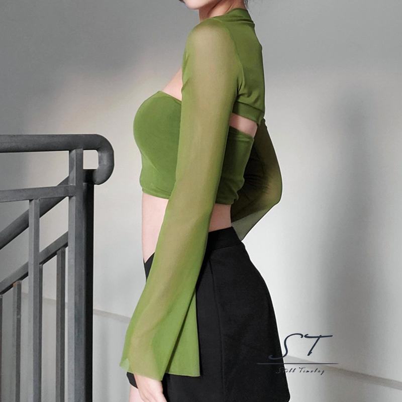 Áo Croptop Trễ Vai Không Tay Màu Trơn + Áo Lưới Dài Tay Thời Trang Đường Phố CY03