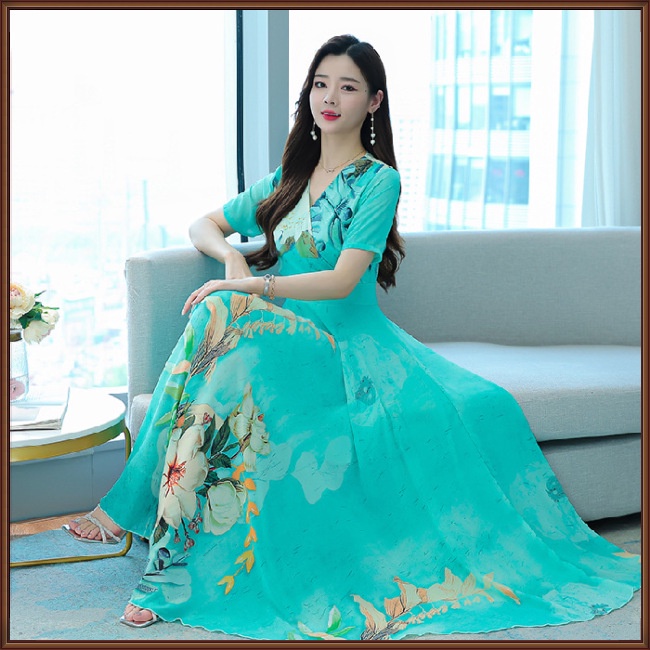 Đầm Dài Tay Ngắn Cổ Chữ V In Họa Tiết Thời Trang Dành Cho Nữ