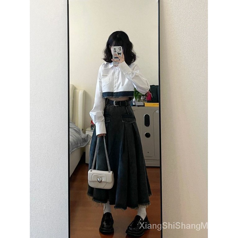 Set Áo Sơ Mi Phối Chân Váy Denim Ngắn Xếp Ly Thời Trang Cho Nữ WY8Y