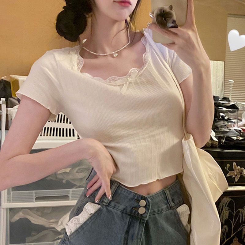 Áo Thun Tay Ngắn Dáng Ôm Phối Ren Thời Trang Mùa Hè Xinh Xắn Cho Nữ