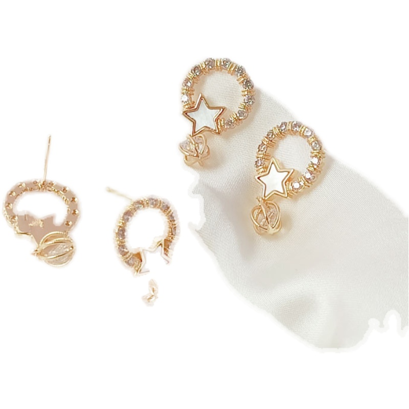 Đôi Bông Tai Mạ Vàng 14k Hình Ngôi Sao Năm Cánh Đính Đá Zircon Vỏ Sò Tròn Thủ Công DIY