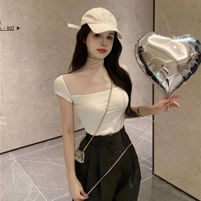 Áo thun COZOK ngắn tay cổ cao phối lưới ôm dáng gợi cảm dành cho nữ