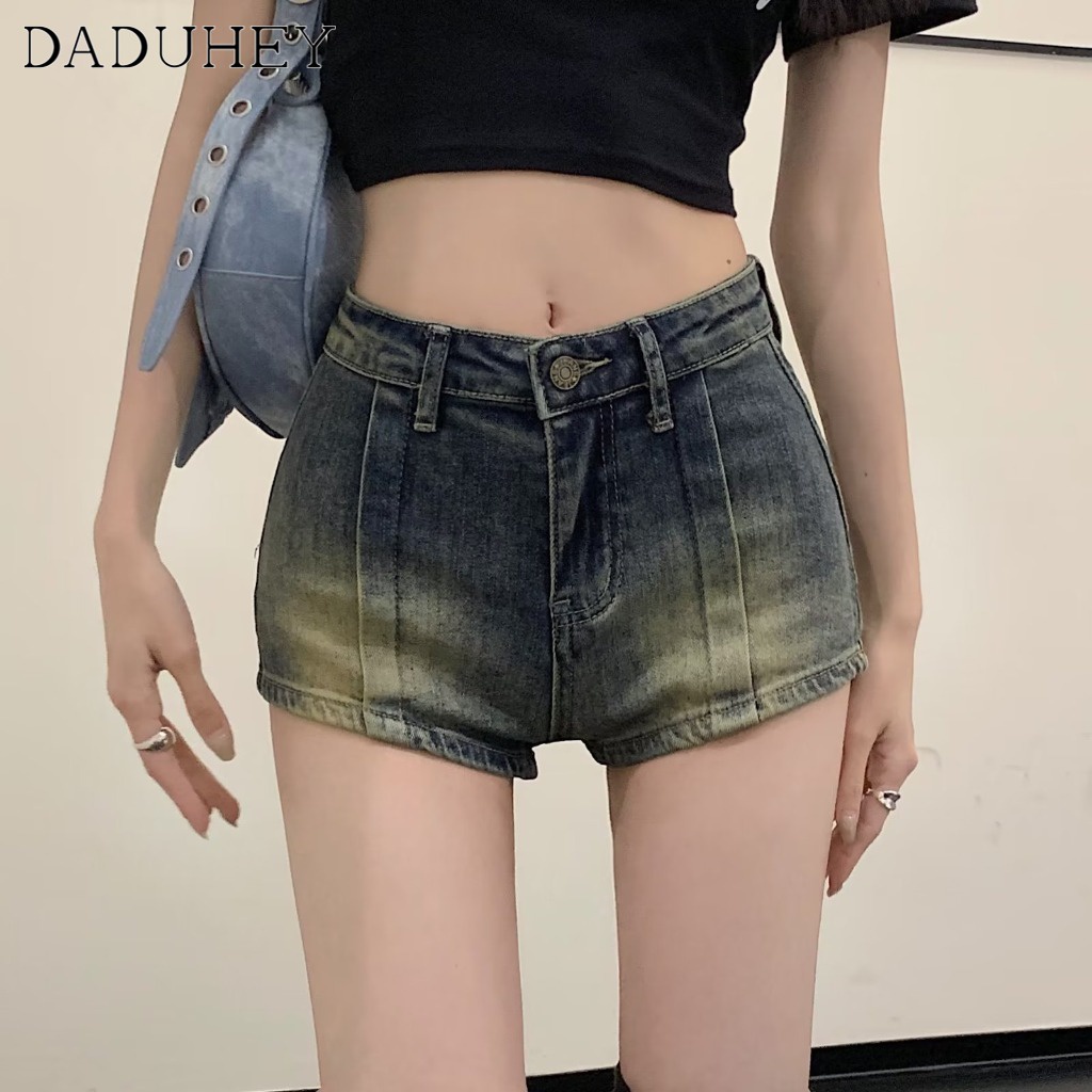 Quần đùi denim DADUHEY dáng chữ A giặt sờn phong cách Mỹ retro thời trang mới dành cho nữ