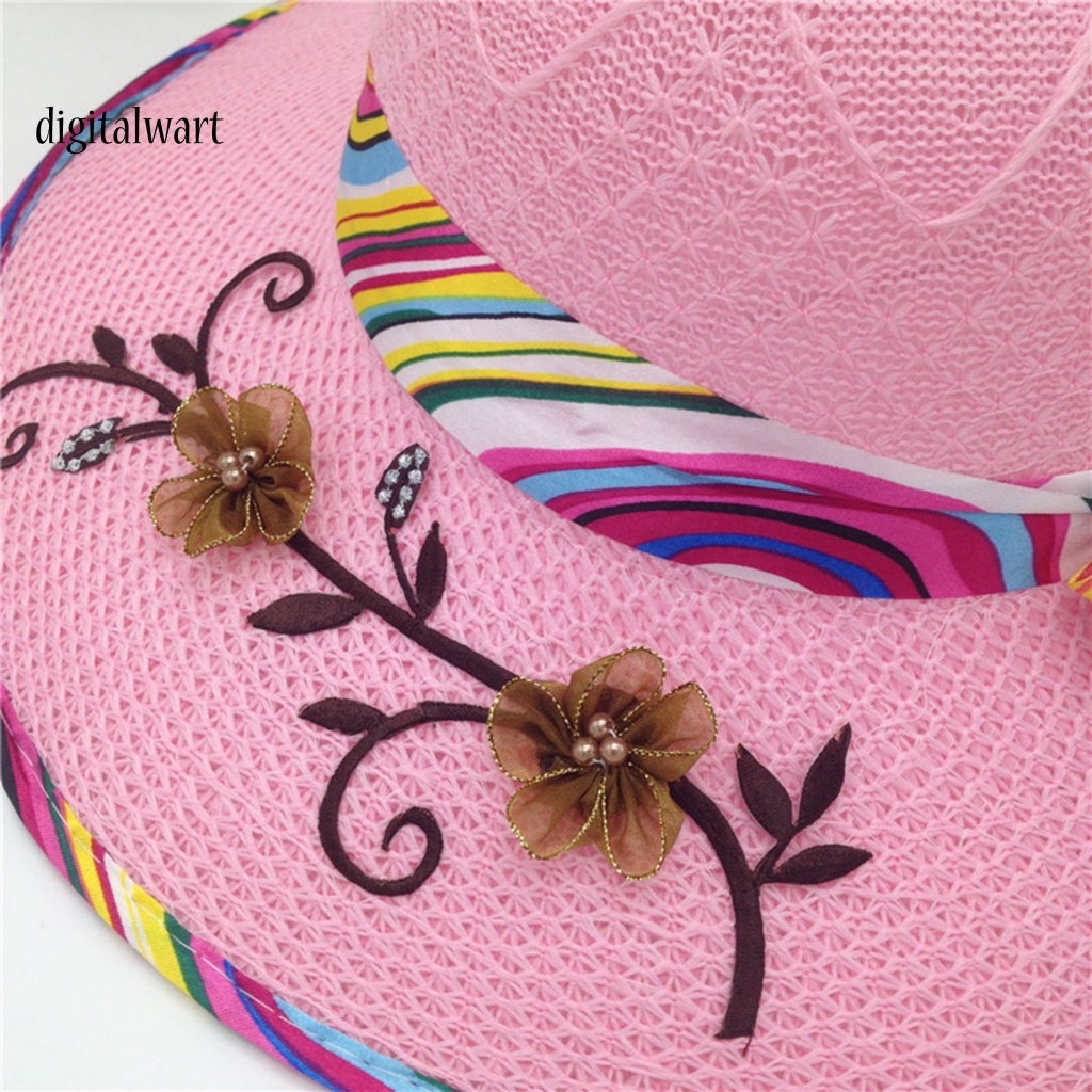 Kỹ Thuật Số| Mũ Cói Rộng Vành Đính Nơ Ruy Băng Xinh Xắn Thời Trang