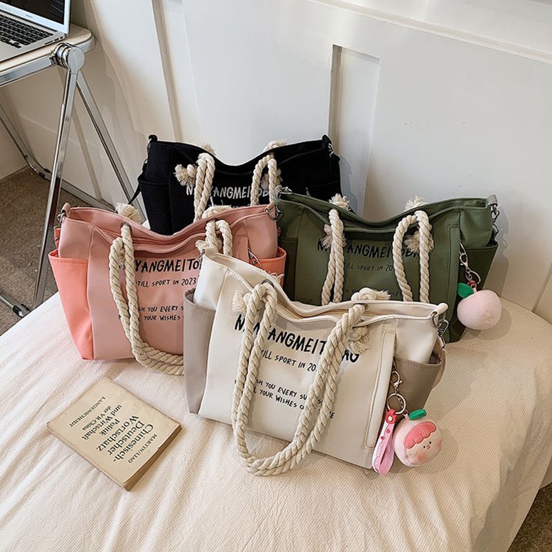 Túi tote Đeo Vai Bằng Vải Bạt cotton In Chữ Có Dây Treo Cho Nữ