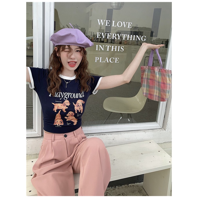 Áo Thun Ngắn Dáng Ôm In Chữ Phối Màu Tương Phản Kiểu Hàn Quốc Thời Trang Mùa Hè Cho