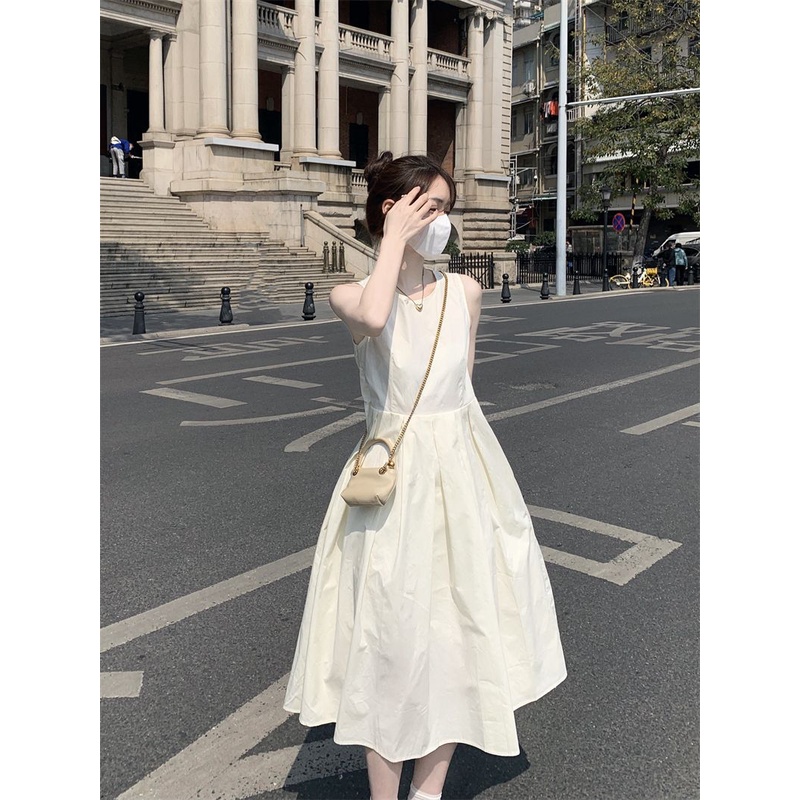 Đầm Trắng Không Tay Dáng Chữ A Ôm Eo Phong Cách Pháp Thời Trang Mùa Hè Cho Nữ
