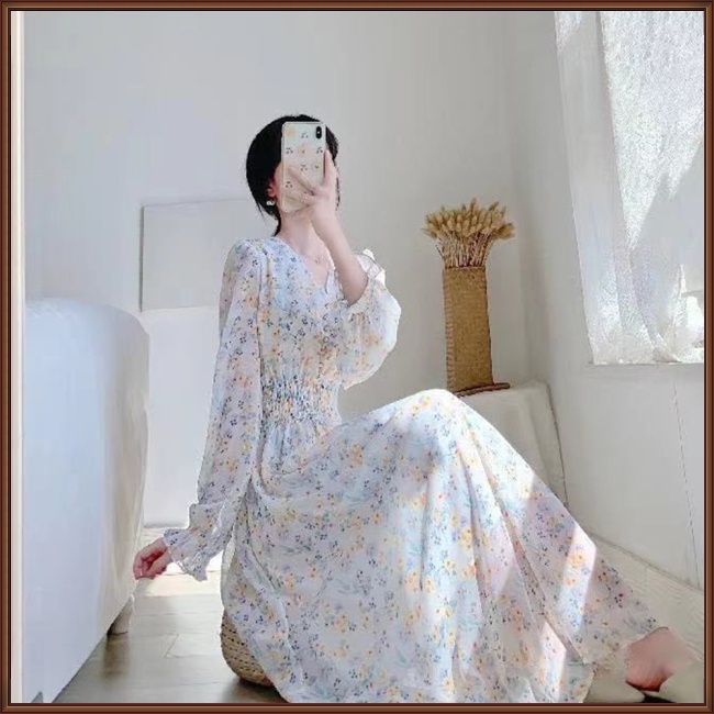 Đầm Chiffon Dáng Dài in Họa Tiết Hoa Phong Cách Pháp Cổ Điển Thời Trang Cho Nữ