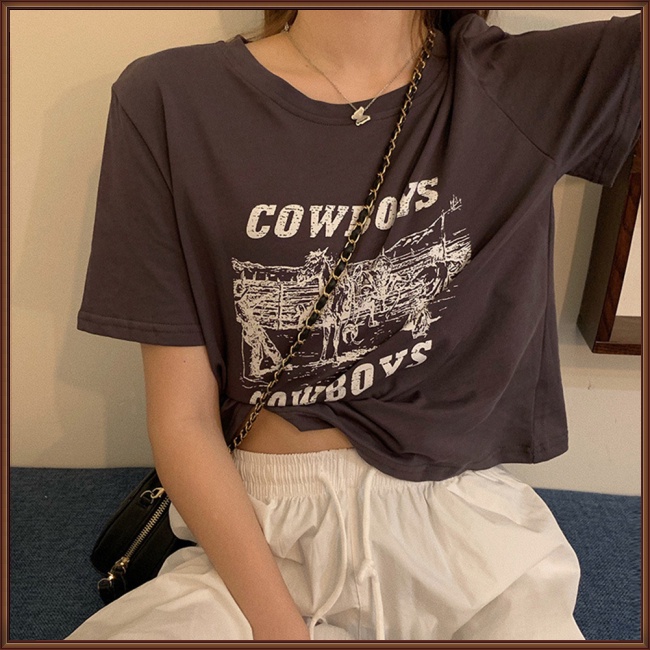 Áo Croptop Tay Ngắn Cổ Tròn In Chữ Thời Trang Cho Nữ