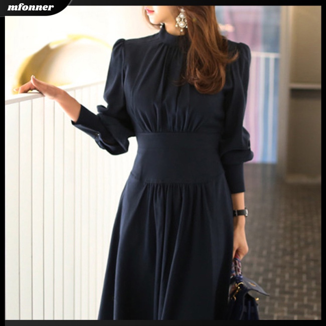 Đầm Dài Tay Cổ Đứng Màu Trơn Thiết Kế Ôm Sát Tôn Dáng Thời Trang Dành Cho Nữ