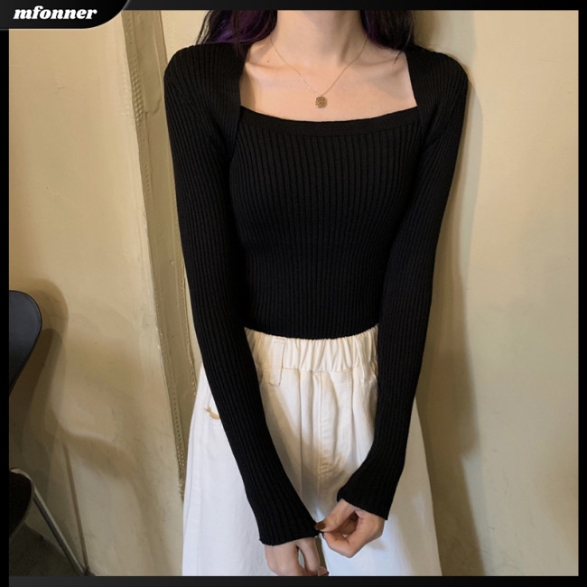 Áo Sweater Dệt Kim Tay Dài Cổ Vuông Ôm Dáng Thời Trang Cho Nữ