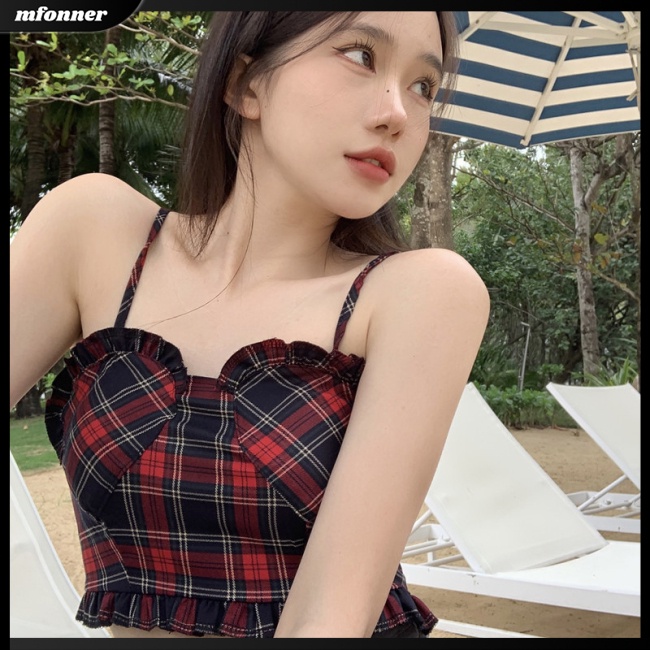 Áo Tank Top Hai Dây Ôm Dáng Họa Tiết Caro / Trái Tim Cổ Điển Quyến Rũ Cho Nữ