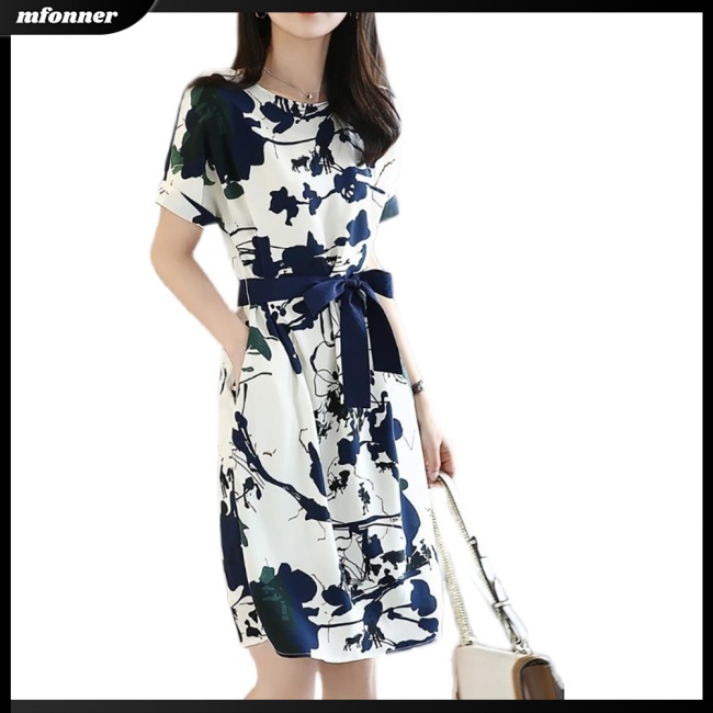 Đầm Midi Dáng Chữ A Tay Ngắn Cổ Tròn Cột Dây In Họa Tiết Phong Cách Trung Hoa Tinh Tế Thời Trang Cho Nữ