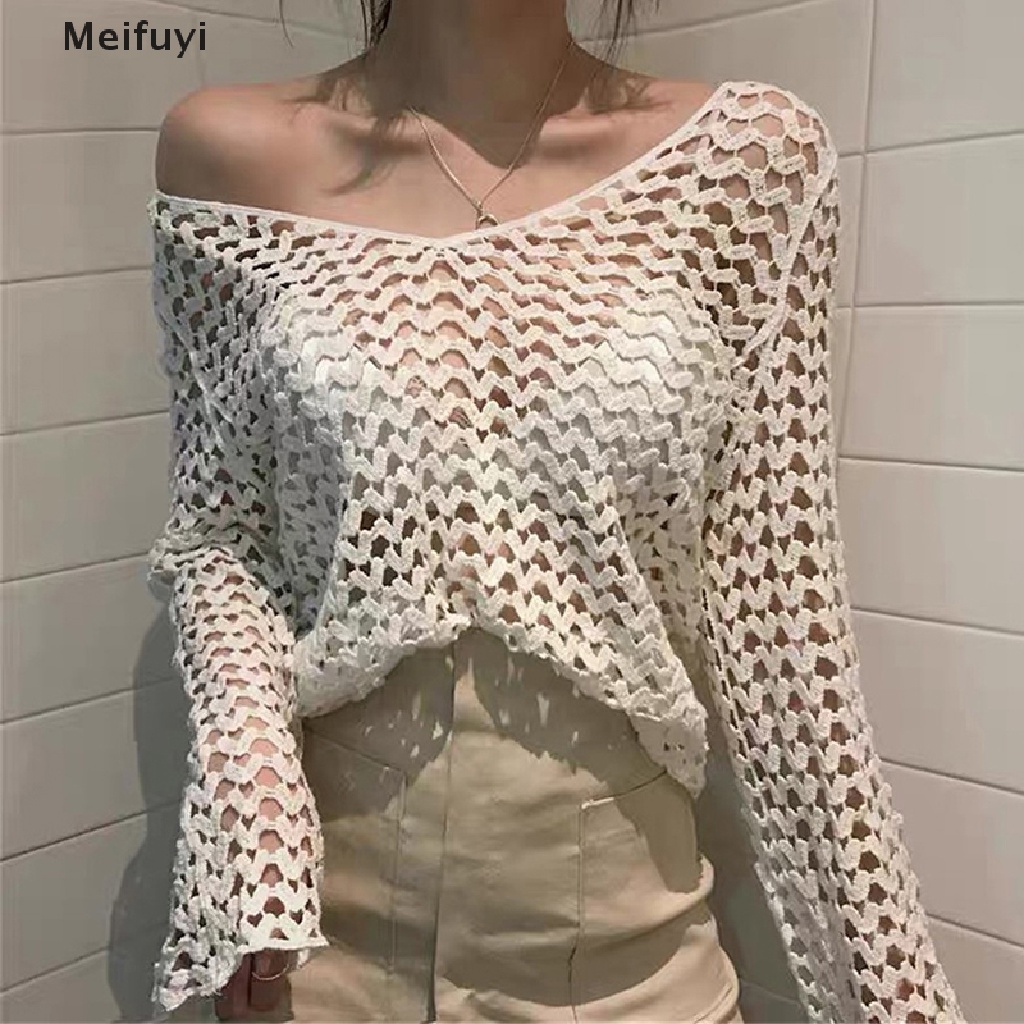 [Meifuyi] Áo Dệt Kim Dáng Rộng Tay Loe Dài Phối Lưới Rỗng Thời Trang Mùa Hè Cho Nữ