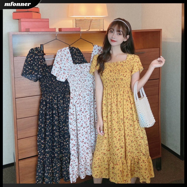 Đầm Chiffon Cổ Vuông Họa Tiết Hoa Phong Cách Pháp Ngọt Ngào Thời Trang Xuân Hè Cho Nữ