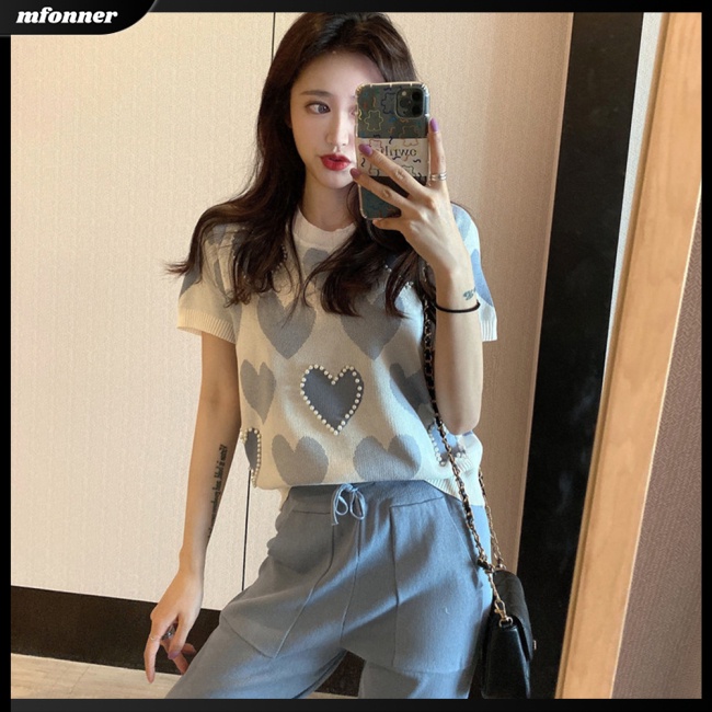 Áo Thun Dệt Kim Tay Ngắn Cổ Thuyền Họa Tiết Trái Tim Đính Hạt Cườm Thời Trang Cho Nữ