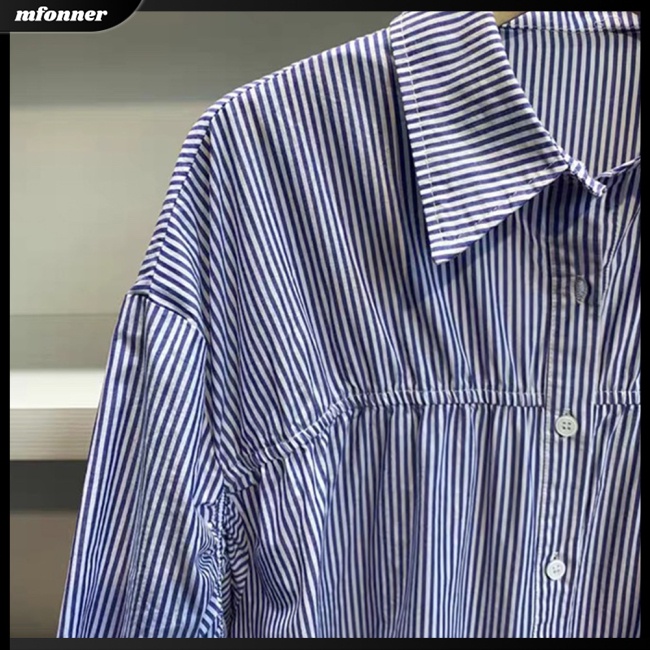 Áo Sơ Mi Cotton Tay Phồng Họa Tiết Kẻ Sọc Phối Dây Rút Thời Trang Xuân Thu Cho Nữ