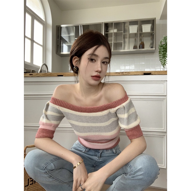 Áo Thun Dệt Kim Dáng Ôm Ngắn Kẻ Sọc One Line Kiểu Hàn Quốc Thời Trang Mùa Hè Cho