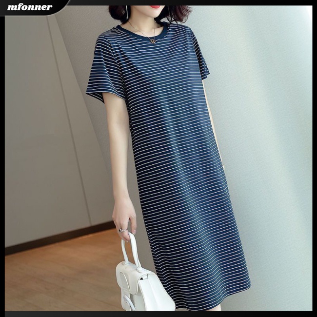 Đầm Thun Dáng Dài Qua Gối Tay Ngắn Cổ Tròn Họa Tiết Kẻ Sọc Thời Trang Cho Nữ