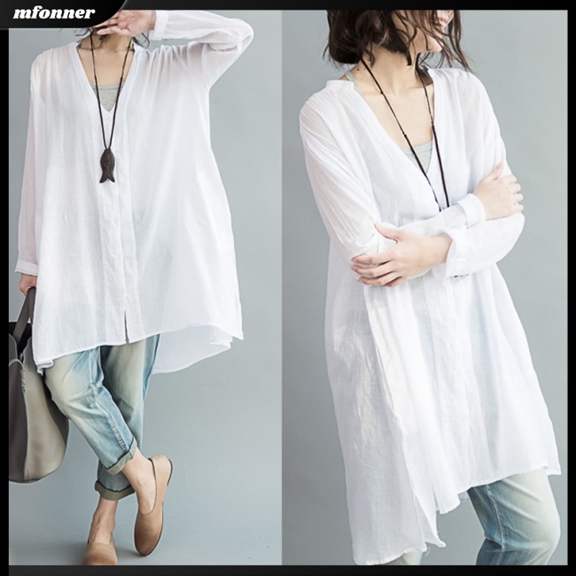 Áo Sơ Mi Tay Dài Dáng Rộng Cổ Chữ V Thời Trang Xuân Hè Cho Nữ
