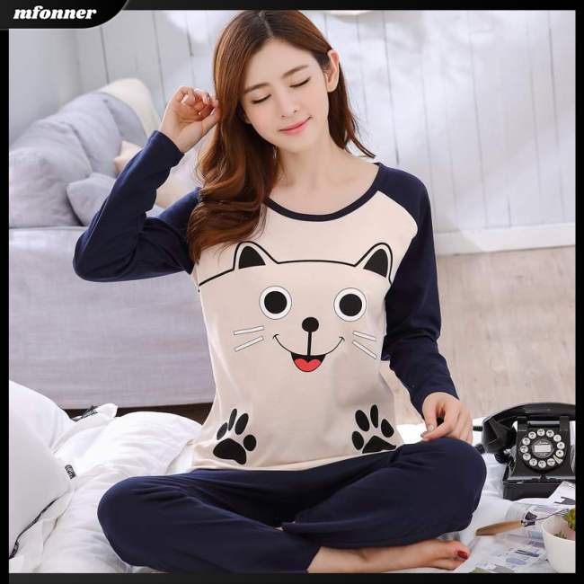 Bộ Đồ Mặc Ở Nhà 2 Món Tay Dài In Hoạt Hình Xinh Xắn Thời Trang Mùa Đông Cho Nữ