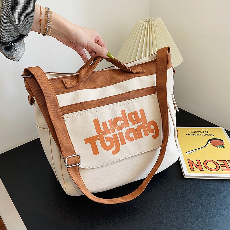 Túi Xách Canvas Nhiều Ngăn In Chữ Phong Cách Nhật Bản 39X33