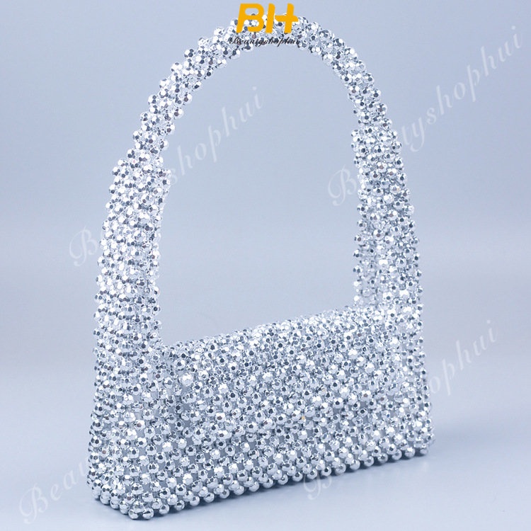 Túi Xách Đeo Vai Đính Hạt Acrylic Màu Bạc Phong Cách Mới