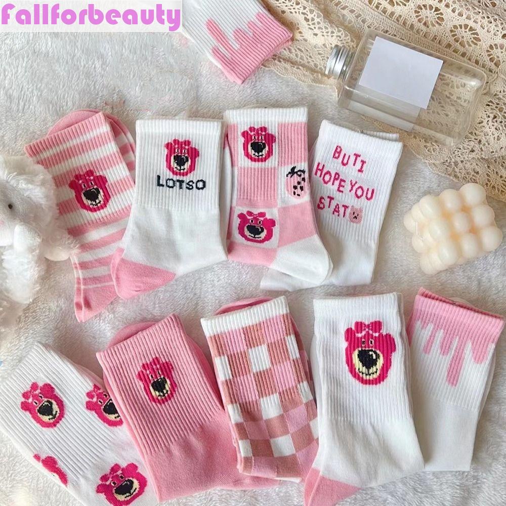 Fallforbeauty Đôi Vớ Thoáng Khí In Chữ Và Gấu Dâu Tây Dễ Thương Thời Trang Cho Nữ