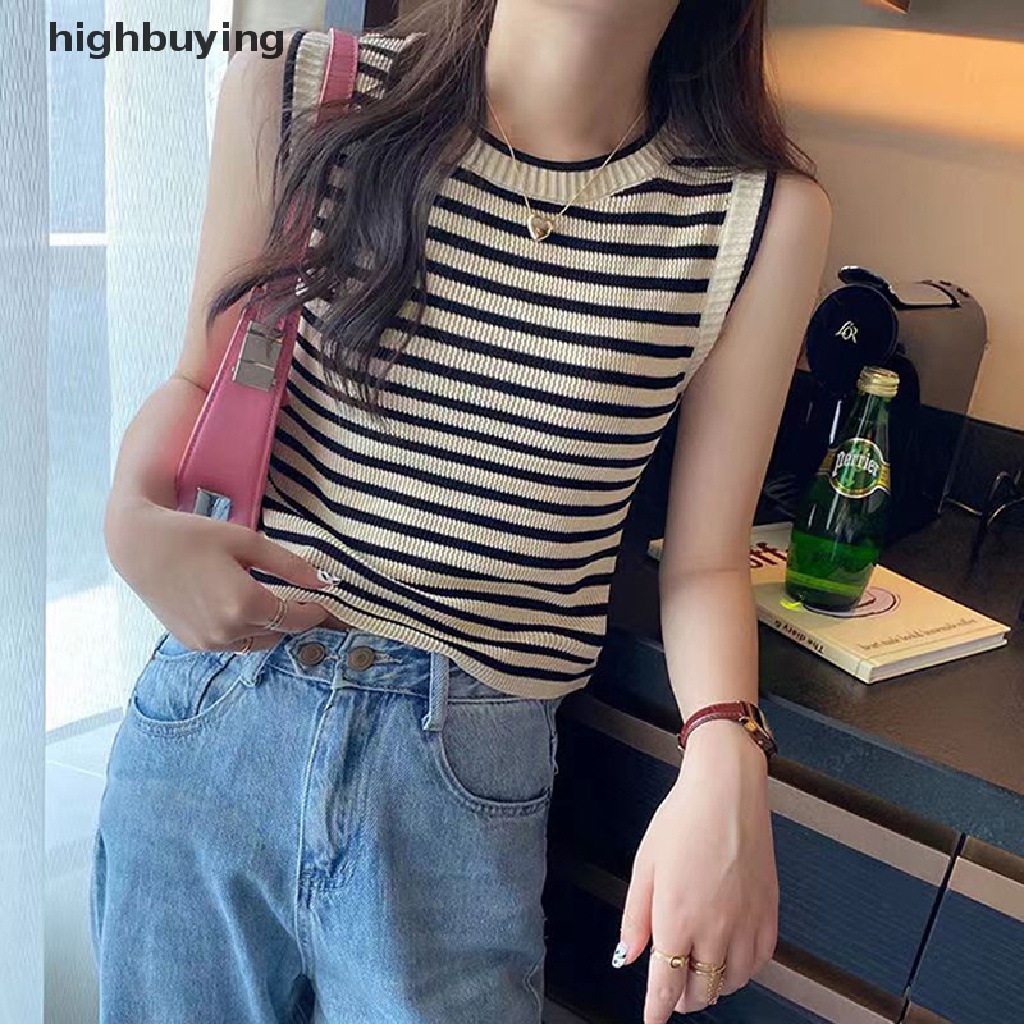 Áo Hai Dây Dệt Kim Cổ Tròn Họa Tiết Kẻ Sọc Phong Cách Retro Cho Nữ