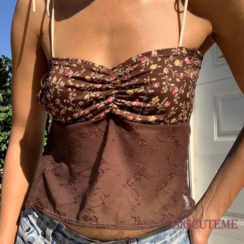 Áo Croptop Sát Nách Họa Tiết Hoa Thời Trang Xuân Hè Cho Nữ