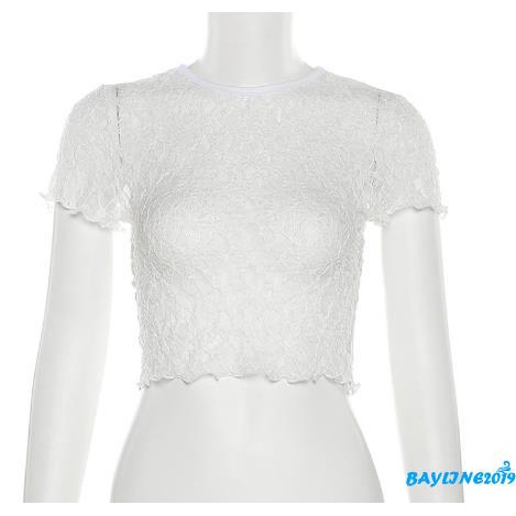 Áo Ren Ngắn Tay Cổ Tròn Xuyên Thấu Thời Trang Mùa Hè Dành Cho Nữ