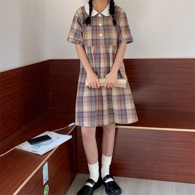 Đầm Cổ Peter Pan Dáng Rộng Họa Tiết Kẻ Sọc Phong Cách Hàn Quốc Thời Trang Mùa Hè 2023 Mới Cho Nữ