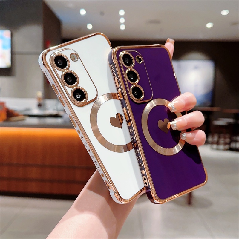 Ốp Điện Thoại Silicon Mềm Nam Châm Mạ Hình Trái Tim Cho Samsung Galaxy S23 S22 Ultra S23 Plus