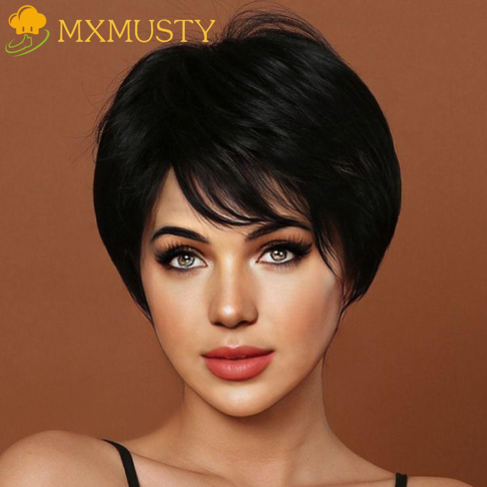 Tóc Giả Ngắn Thẳng Màu Đen Tự Nhiên Bằng Sợi Tổng Hợp Dễ Phối Đồ Cho Nữ MXMUSTY