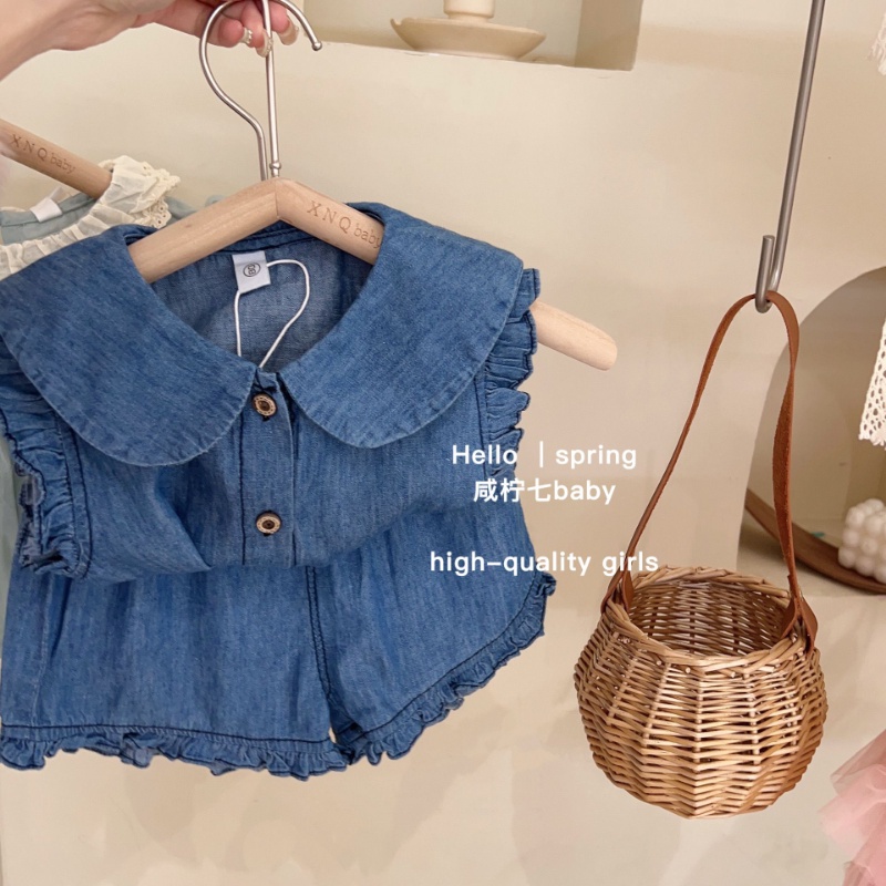 Bộ Áo Sơ Mi + Quần Short Denim Không Tay Thời Trang Mùa Hè Hàn Quốc 2023 Dành Cho Bé Gái
