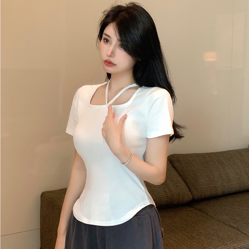 SUXI Áo Thun Tay Ngắn Cổ Vuông Màu Trơn Thời Trang Mùa Hè Cho Nữ