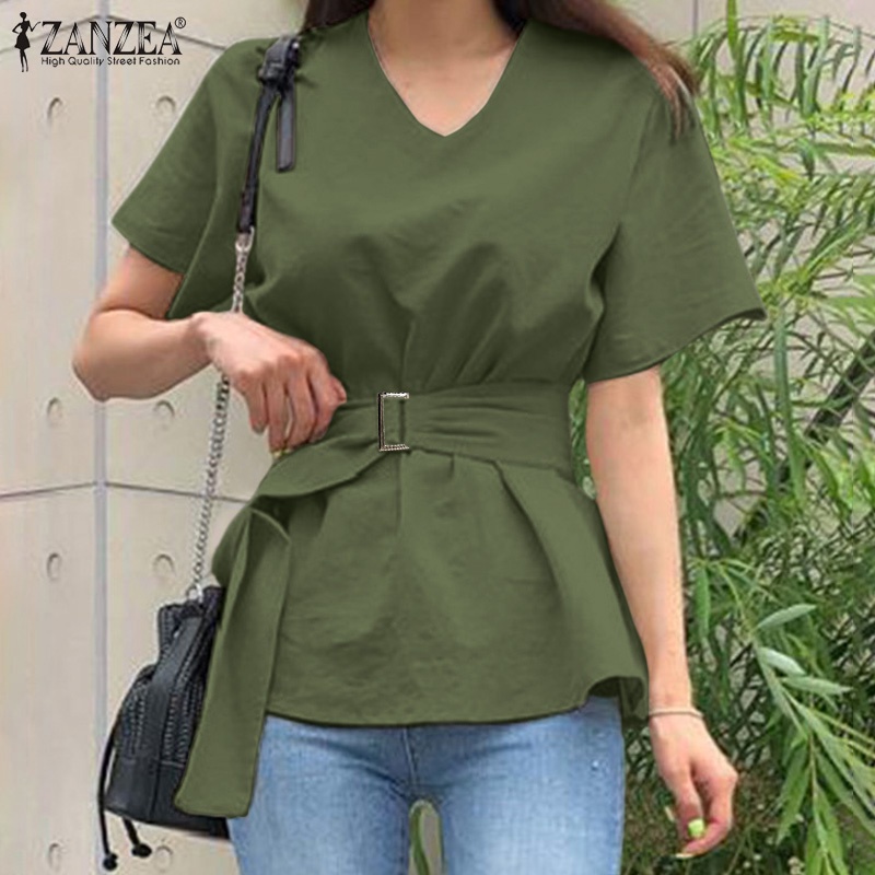 Zanzea Áo Kiểu Tay Ngắn Cổ Chữ V Có Nút Thắt Lưng Tháo Rời Được Phong Cách Hàn