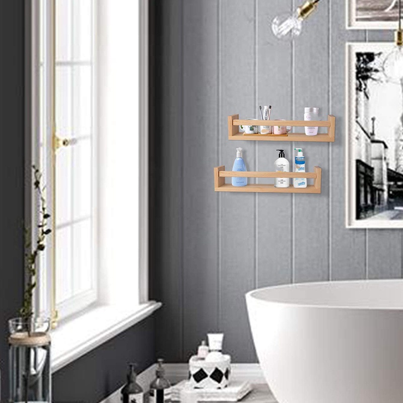 Giá sách 2 cái . Giá sách treo tường nổi bằng gỗ tự nhiên cho trẻ em . Kệ treo tường , Trang trí phòng tắm , Giá đựng gia vị nhà bếp