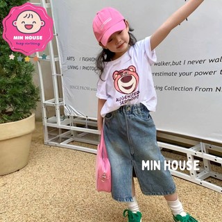 Set áo cotton tàu in gấu hoạt hình hot hit phối chân váy jean dài KÈM NÓN LƯỠI TRAI cho bé gái diện hè