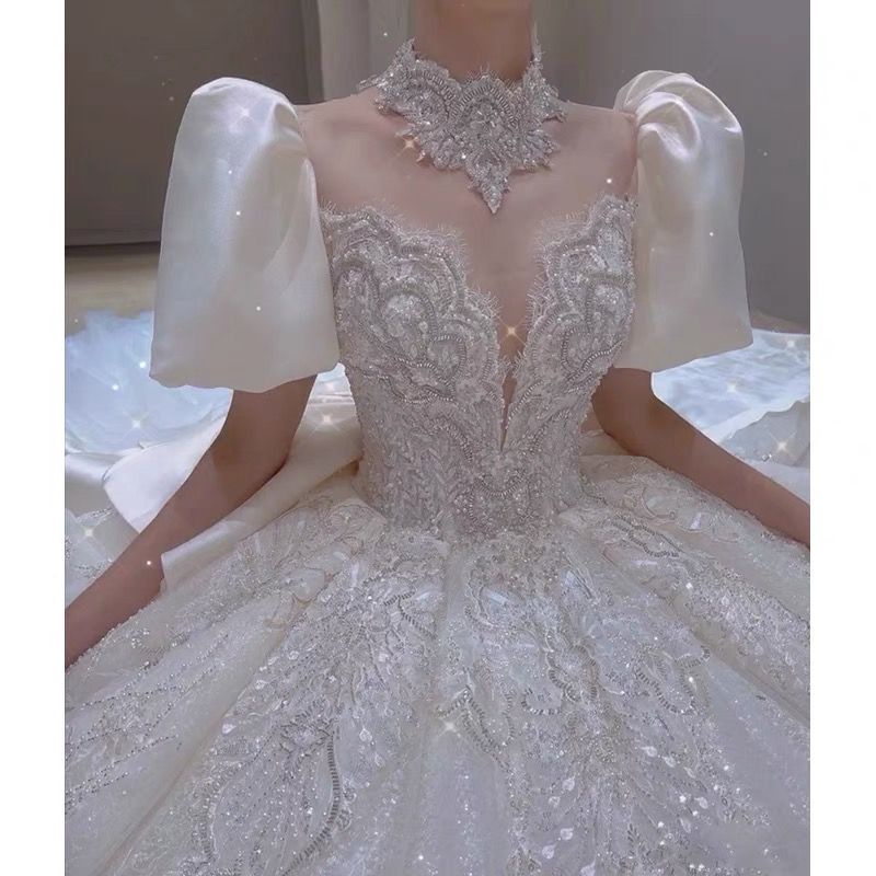 OFF WHITE Áo Cưới Vải Satin Tay Phồng Màu Trắng Đen Cho Cô Dâu