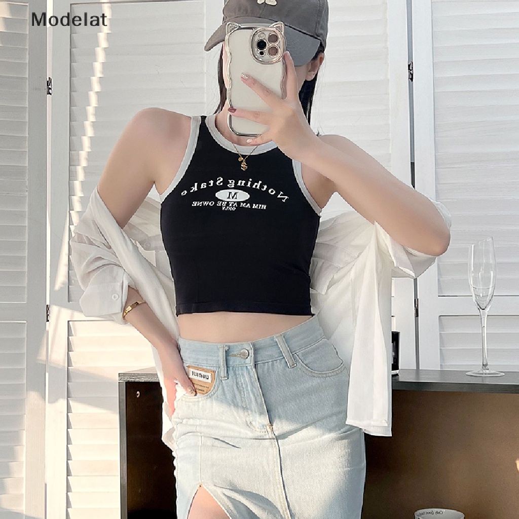 Áo Dây Sát Nách Cổ Tròn In Chữ Màu Sắc Tương Phản Thời Trang Mùa Hè Cho Nữ