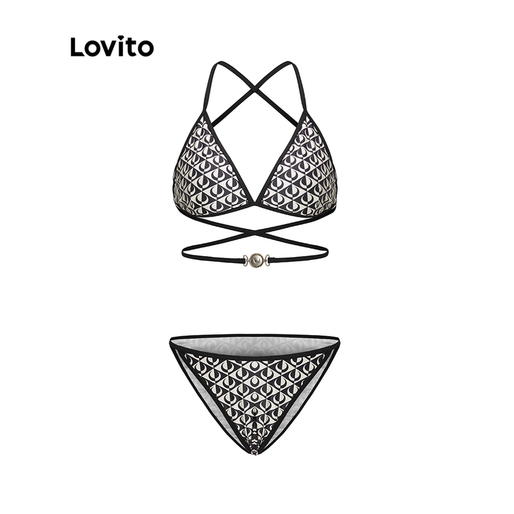 Set bikini Lovito phối phụ kiện kim loại buộc dây họa tiết hình học viền tương phản sexy cho nữ L50AD004 (đen)