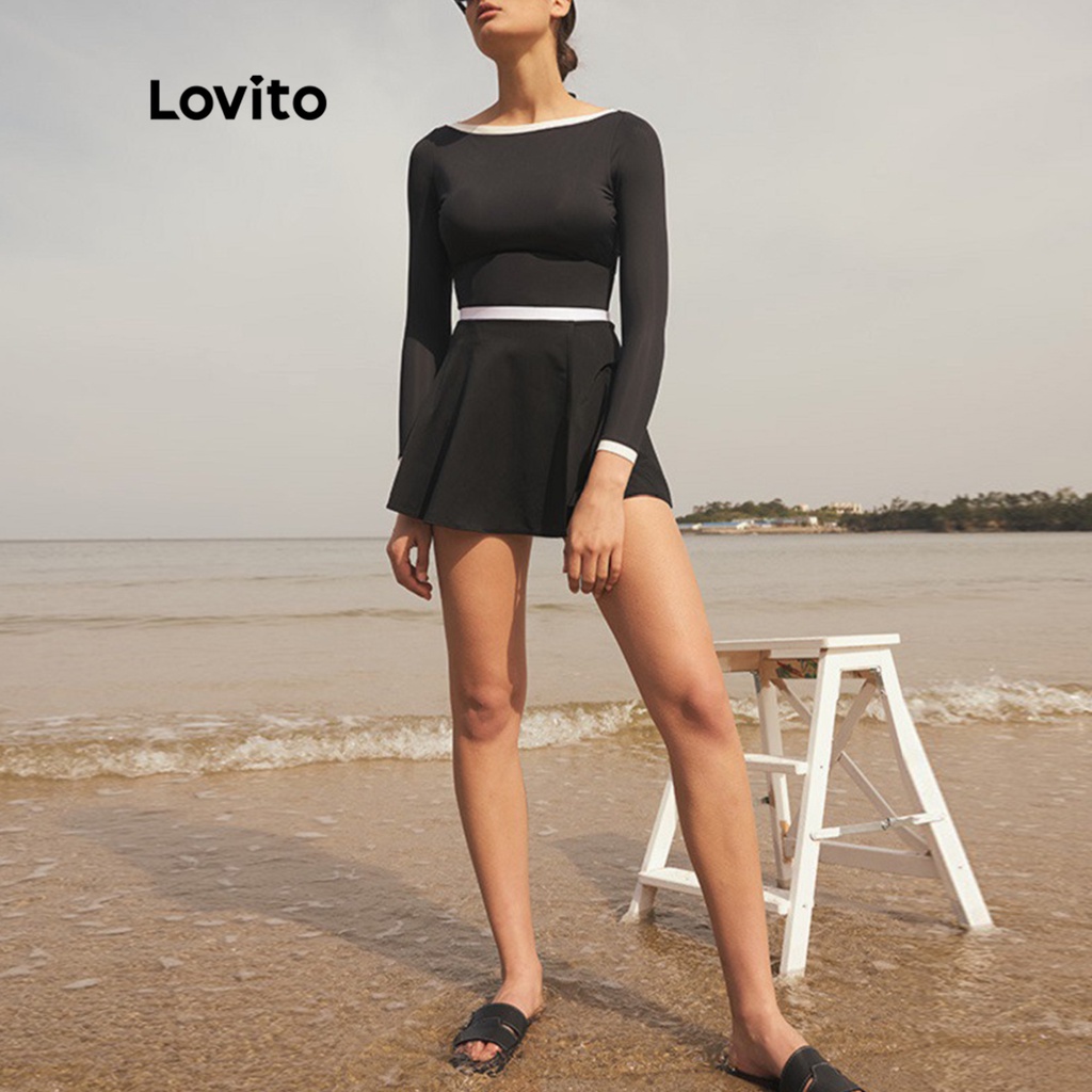 Bộ đồ bơi hai mảnh Lovito hở lưng buộc dây viền tương phản cơ bản màu trơn phong cách thường ngày cho nữ L50AD022 (đen)