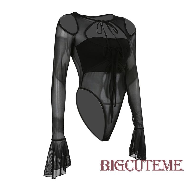 [] Bộ Áo Liền Quần Ống Loe Dài Tay Giả Hai Mảnh Màu Đen Thời Trang Xuân Thu Cho Nữ