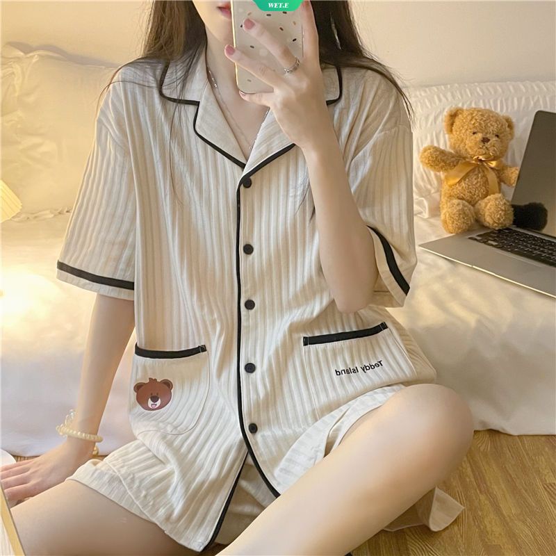 Bộ Đồ Ngủ Họa Tiết Gấu Hoạt Hình Dễ Thương Phong Cách Nhật Bản Thời Trang Xuân Hè Cho Nữ