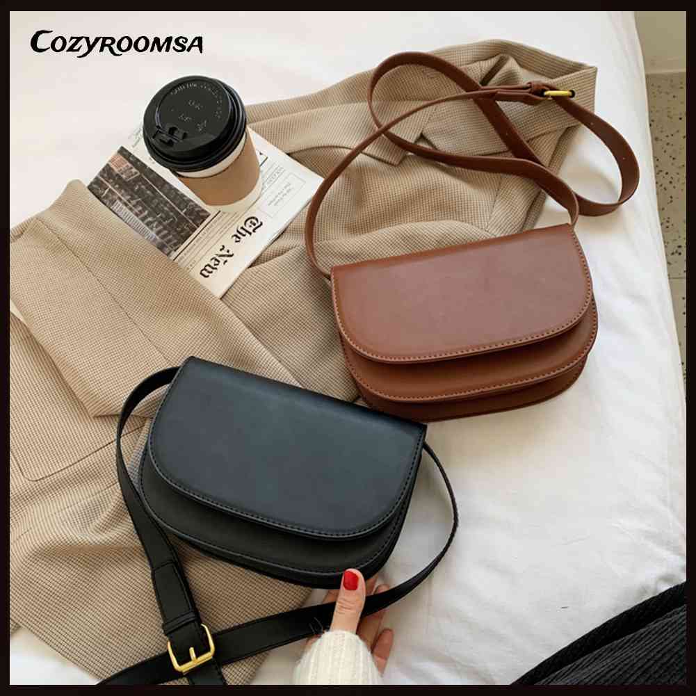 Túi Yên Ngựa Bằng Da PU Màu Trơn Dễ Phối Đồ Phong Cách Đường Phố